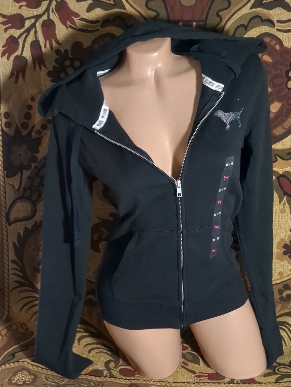 PINK Victoria's Secret Black Zip-Up Hoodie with black and silver sequins
